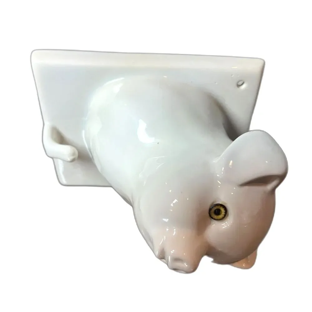Vintage White Ceramic Pig Wall Hanger Amber Eyes, Hand Towel, Apron Holder Mount